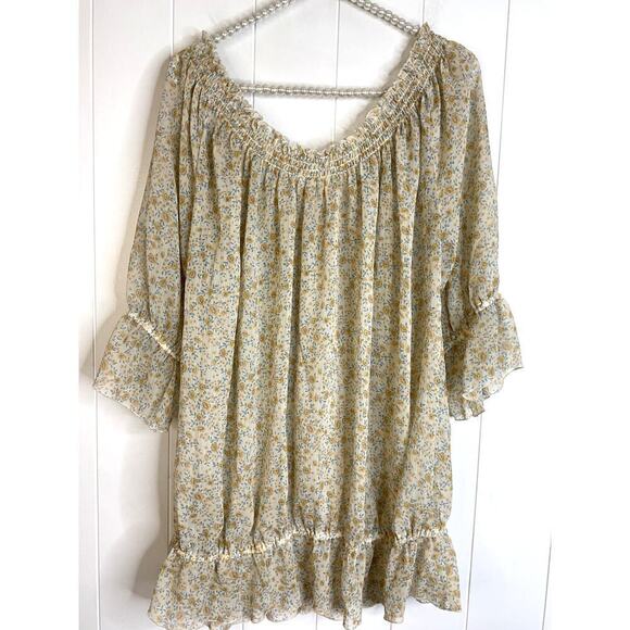 Free People Sheer Peasant Blouse in Yellow Floral Size Large - Picture 6 of 7